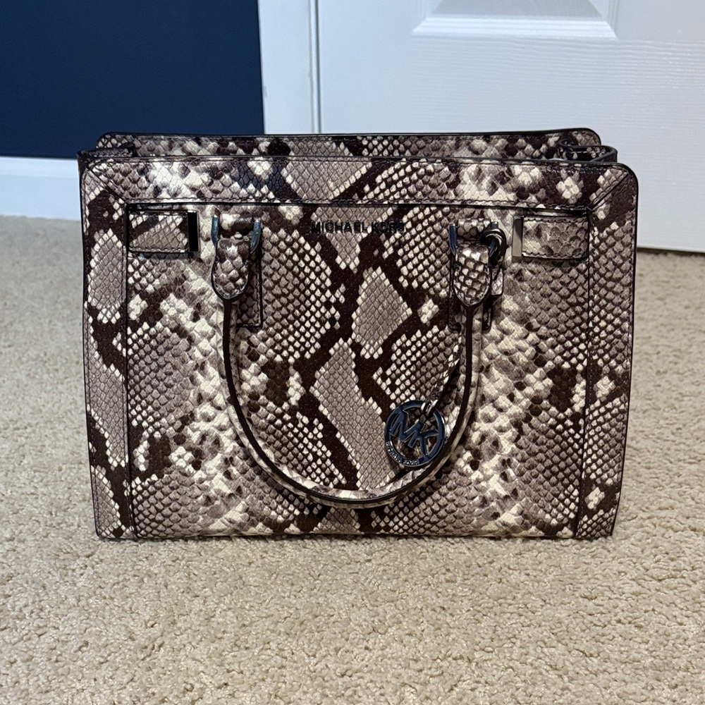 Michael Kors Snake Print Satchel in Brown and Cream
